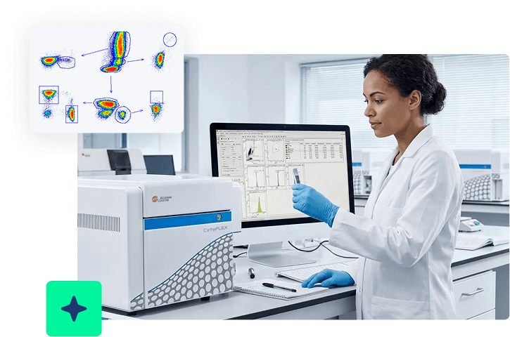 FlowAutoGate automated flow cytometry analysis on a lab workstation with an immunologist reviewing gating results