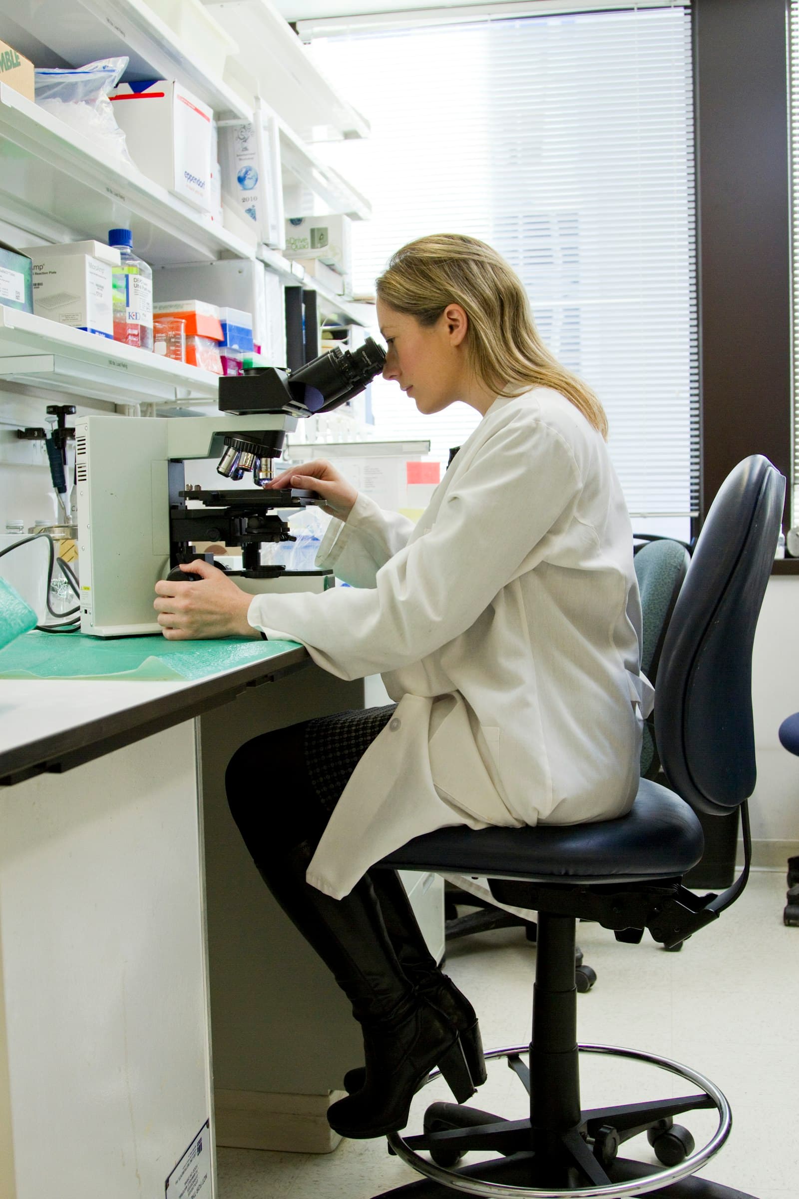 Scientist examining samples through a microscope