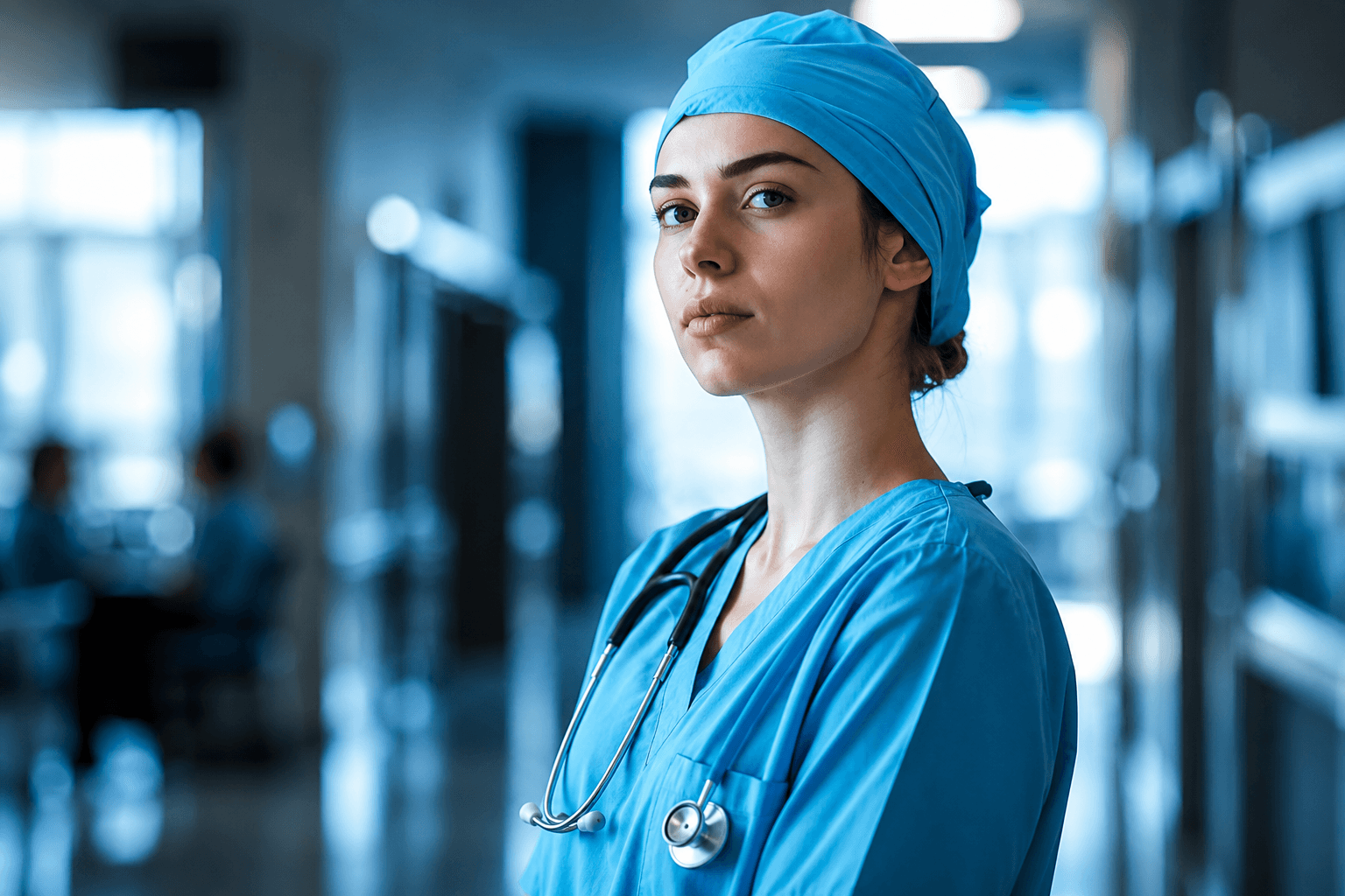 Clinical research nurse in scrubs standing in a hospital corridor